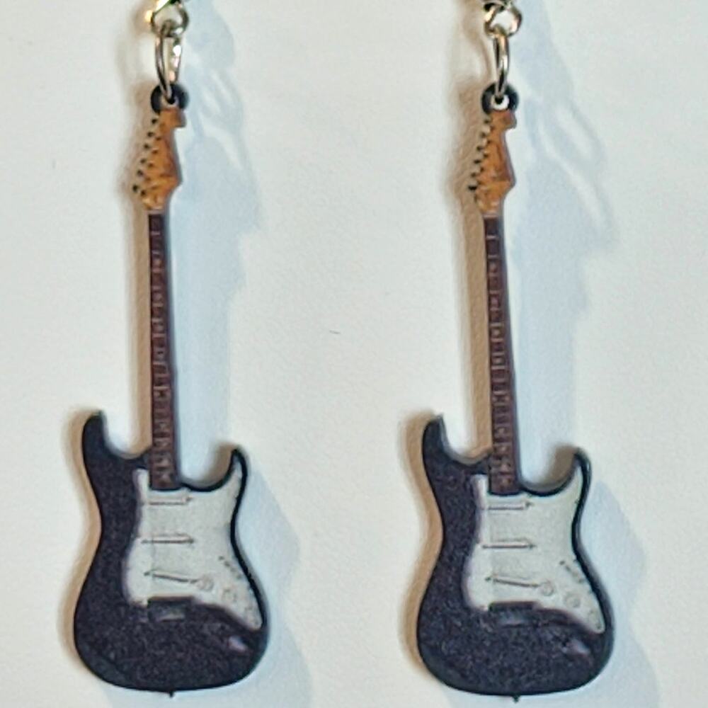 Flat Acrylic Electric Guitar Earrings Black and White Music Musical